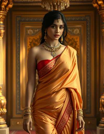 The image depicts a young woman, possibly of Indian or Middle Eastern descent, standing in a grand, ornate room. She is adorned in a traditional dress that features a striking combination of gold and red. The dress is intricately designed with a red strap over her right shoulder and a flowing gold fabric that drapes elegantly over her left shoulder. Her attire is complemented by elaborate jewelry, including a large, ornate necklace with a prominent pendant, long dangling earrings, and multiple gold bangles on both wrists. A golden headpiece rests on her forehead, adding to her regal appearance. The background showcases a luxurious setting with gold columns, a large, ornate painting, and a chandelier hanging above her head, enhancing the opulent atmosphere of the scene.