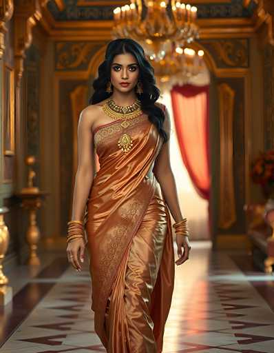 The image depicts a young woman, possibly of Indian or Middle Eastern descent, standing in an opulent hallway that resembles a palace. She has long, wavy black hair cascading over her left shoulder and is adorned with elaborate gold jewelry, including a thick necklace with a large pendant, gold earrings, and bracelets on both wrists. Her attire is a striking gold dress with a single strap over her right shoulder, leaving her left shoulder bare. The dress features intricate embroidery and a slit up the right leg. She is positioned in the center of the frame, walking towards the viewer with a serious expression. The background is slightly blurred but reveals a grand chandelier, ornate gold columns, and a red curtain, enhancing the luxurious ambiance of the scene.
