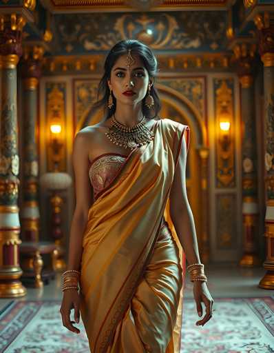 A woman is walking down a hallway with gold columns and walls adorned with intricate designs. She is wearing a yellow saree with red accents and gold jewelry.