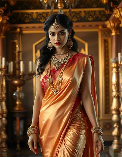 The image depicts a young woman, possibly of Indian or Middle Eastern descent, standing in an opulent room adorned with gold accents and intricate designs. She is dressed in a shimmering, metallic orange sari with a red border, which drapes elegantly over her left shoulder and extends to her right hip. Her attire is complemented by a series of ornate gold necklaces, including a choker and a longer necklace with a prominent pendant. She wears large, elaborate gold earrings and multiple gold bracelets on both wrists. Her long, wavy black hair is styled with a gold headpiece featuring a jewel at the center of her forehead. The background reveals a luxurious setting with gold columns, a candelabra, and a door frame all highlighted in gold, enhancing the overall grandeur of the scene.