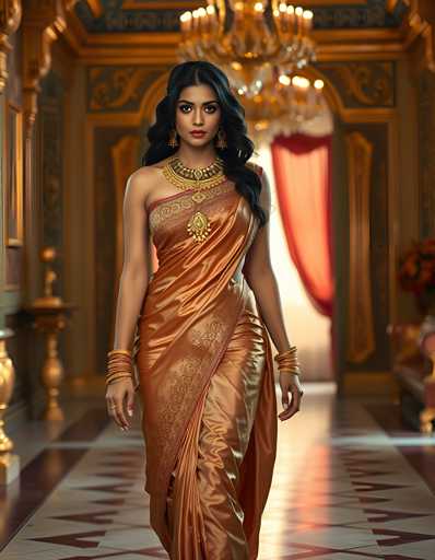 A woman is walking down an aisle with a gold and red color scheme, wearing a gold and red dress that has a high neckline and a sari-like skirt. She is carrying a gold necklace around her neck and earrings in her ears. The background features ornate decorations such as chandeliers hanging from the ceiling and paintings on the walls.