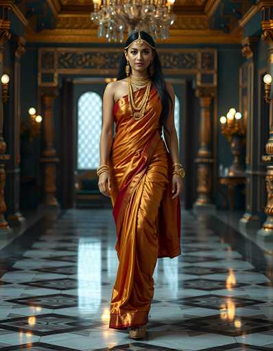 The image depicts a young woman of Indian descent, elegantly dressed in a shiny, gold-colored sari that drapes over her right shoulder and extends down to her ankles. She has long, straight black hair cascading down her back and wears a golden headband with a jewel hanging in the center of her forehead. Her attire is complemented by multiple gold necklaces, bracelets on both wrists, and dangling gold earrings. She stands confidently in the middle of a grand, ornate hallway, with one leg slightly bent. The floor beneath her is a striking black and white marble, and the walls are adorned with intricate gold designs. The hallway features tall, gold columns and is illuminated by a chandelier hanging above her head, casting a warm glow. In the background, there is a large window with a rounded top and a door, adding to the luxurious ambiance of the scene.