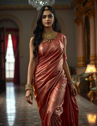 A stunning photograph captures a woman of Indian descent, elegantly dressed in a flowing red silk gown adorned with gold floral patterns. Her long, wavy black hair cascades down to her chest, complementing her striking red lipstick and dark eyebrows. She accessorizes with a gold medallion necklace, a gold bracelet on her right wrist, and a gold watch on her left wrist. A gold medallion is also positioned at the center of her forehead, adding to her regal appearance. The woman stands in a luxurious room with white walls and gold trim, featuring a chandelier overhead and a large window with red curtains to her left. To her right, there is a gold-framed mirror, a lamp, and a chair with a green cushion. The floor beneath her is a rich red marble, enhancing the opulent atmosphere of the scene.
