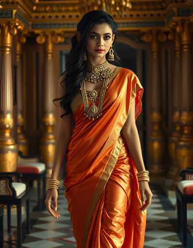 The image depicts a young woman, possibly of Indian or Middle Eastern descent, standing in an opulent room that resembles a palace. She is adorned in a vibrant orange sari with intricate gold trim and a matching gold belt. Her attire is complemented by elaborate gold jewelry, including a large choker necklace with a prominent pendant, long dangly earrings, and bangles on both wrists. Her long, wavy black hair cascades down her back, and she wears striking red lipstick. The room features ornate gold columns, a black and white checkered floor, and several black chairs with red and white cushions. The woman stands confidently, gazing directly at the camera, exuding an air of elegance and grace.