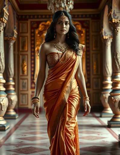 A woman is walking down an ornate hallway with gold columns and a red carpet. She is wearing an orange saree that flows behind her as she walks. The woman has dark hair and is wearing earrings.