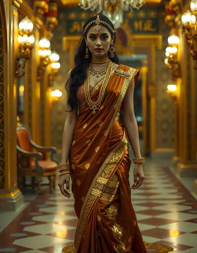 A stunning photograph captures a young woman of Indian descent standing gracefully in the center of an opulent hallway. She is adorned in a vibrant red sari, intricately detailed with gold embroidery and embellished with delicate flowers. The sari is elegantly draped, with one side extending to her knee and the other to her ankle, creating a beautiful asymmetry. Her long, dark hair cascades down her back, complementing her ornate gold headpiece that features a prominent jewel hanging between her eyes. She wears large, dangling gold earrings and a thick, elaborate choker necklace that adds to her regal appearance. Her arms are adorned with multiple gold bangles, and her nails are painted a striking red. The hallway around her is richly decorated with gold accents, including ornate sconces and a chandelier hanging above her head. A red and white diamond-patterned rug runs down the center of the hallway, adding to the luxurious ambiance. To her left, a red chair with gold trim stands out, further enhancing the scene's grandeur. The woman gazes directly at the camera, exuding confidence and elegance in this beautifully composed portrait.
