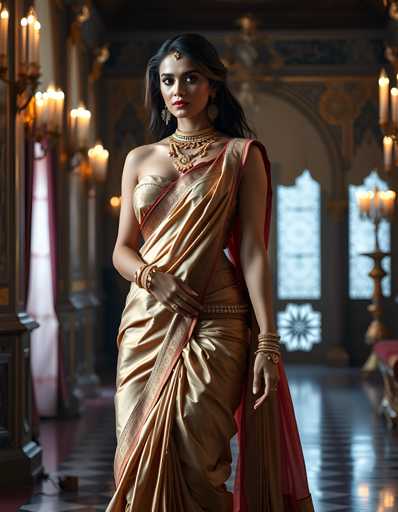 A woman is standing in an ornate room with a high ceiling and large windows that allow natural light to flood the space. She is wearing a gold sari with a red border and gold jewelry, including earrings and bracelets. The room has a chandelier hanging from the ceiling, adding to the grandeur of the setting.