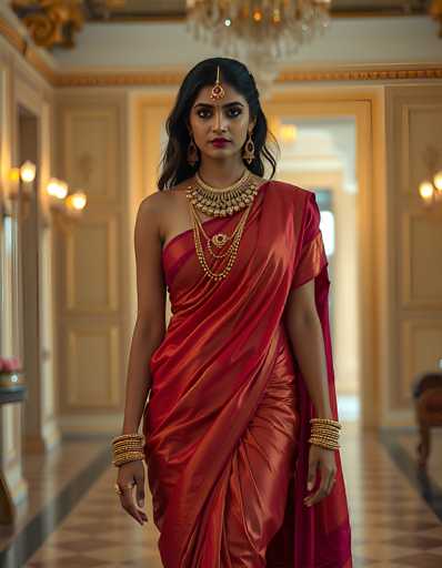 A stunning photograph captures a woman of Indian descent standing gracefully in a luxurious hallway. She is adorned in a vibrant red sari that elegantly drapes over her right shoulder, leaving her left shoulder bare. Her long, wavy black hair cascades down her back, framing her face beautifully. She wears a striking red bindi on her forehead, complemented by a gold chain that extends from the bindi, featuring a prominent red jewel at its center. Her makeup is bold and captivating, with bright red lipstick that matches her attire. She accessorizes with large, dangling gold earrings and a multi-tiered gold necklace that adds to her regal appearance. Gold bracelets adorn her wrists, and a gold ring graces her right hand. The hallway behind her is opulent, with gold walls and a checkered floor in shades of brown and gold. A chandelier hangs above her, casting a soft light that enhances the grandeur of the setting. The woman gazes directly at the camera, exuding confidence and elegance.