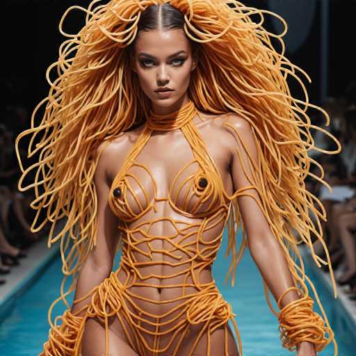A striking image captures a model confidently striding down a runway, framed by a blurred audience on either side. The model, with a medium complexion, exudes a fierce and captivating presence. Her dark hair is parted in the middle, with the sides dramatically pulled back, creating an illusion of flowing spaghetti cascading down her shoulders and arms. She dons a unique, form-fitting garment that resembles a bikini, intricately wrapped with what appears to be cheese strings, adding a whimsical yet sophisticated touch to her ensemble. The outfit accentuates her figure, with strings artfully crisscrossing her chest and wrapping around her hips. The cheese strings continue to drape over her arms, adding to the avant-garde design. Her face is adorned with bold makeup, featuring dark eyebrows, dramatic eye shadow, and a striking lipstick, enhancing her bold and captivating look.