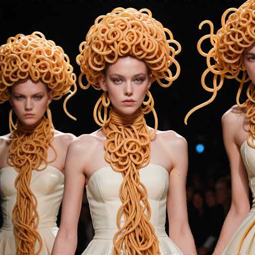 This image captures a striking scene from a fashion show, featuring three models adorned in avant-garde attire. The central figure, fully visible, wears a cream-colored dress with a strapless design that elegantly frames her shoulders. Her hair is an extraordinary cascade of curly, orange-yellow noodles, intricately styled to resemble Medusa's mythical serpentine locks. These noodles flow down her chest, creating a dramatic effect that extends to her neck and shoulders, where they are meticulously arranged to mimic a choker necklace. Her makeup is bold, with dark, smoky eyeshadow and vivid red lipstick, enhancing her intense gaze directed straight at the camera. Flanking her are two other models, partially visible, each donning identical outfits and noodle hairpieces. The model on the left is only partially in frame, showing her right shoulder and part of her face, while the model on the right is cut off at the left edge of the image. The background is a deep black, punctuated by a small blue light on the right side, adding to the dramatic and surreal atmosphere of the scene.