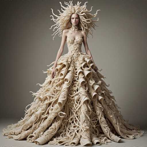 The image features a striking young woman, likely in her early 20s, with an intense and captivating gaze directed straight at the camera. Her hair is a dramatic, wild mass of blonde locks, reminiscent of Medusa, with strands radiating in all directions. She is adorned in a unique and elaborate dress that appears to be crafted from rolled-up fabric, resembling either paper or thin strips of leather. The dress is a light beige color, complementing her fair skin and blonde hair. The bodice of the dress is form-fitting, accentuating her slender arms, while the skirt flares out dramatically, creating a voluminous effect that extends to the floor. The overall aesthetic of the image is surreal and artistic, with the woman's pose and the intricate design of her attire contributing to a powerful visual impact.