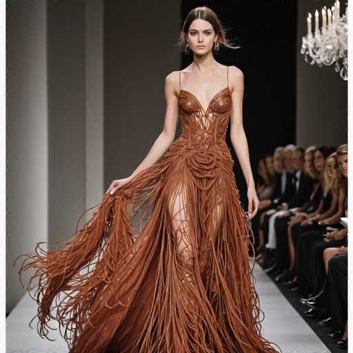 A striking image captures a model striding confidently down a runway, her long brown hair cascading down her back. She is adorned in a unique, brown dress that features intricate stringy details, creating a textured and layered appearance. The dress is designed with thin straps and a daring slit that extends up to her thigh, adding an element of allure. The model's left hand is elegantly poised on her hip, while her right hand holds the dress out to the side, emphasizing its flowing nature. She accessorizes with large hoop earrings that catch the light, adding a touch of glamour to her ensemble. The backdrop is a muted gray, which contrasts beautifully with the vibrant runway. On the right side of the image, a crowd of spectators can be seen, their attention fully focused on the model and her captivating walk.
