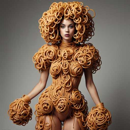 This image features a strikingly beautiful woman with an elaborate, curly hairdo that resembles a voluminous afro. Her hair is composed of numerous tight curls, creating an intricate and eye-catching style. She is dressed in a unique, form-fitting outfit that appears to be made of a material resembling spaghetti or ramen noodles. The outfit is tan in color and accentuates her figure, with the noodles arranged to cover her chest and form a skirt-like design around her hips. Her arms are adorned with the same noodle-like material, and she wears large, round gloves that complete the whimsical look. The woman's makeup is bold, with dark red lipstick and dramatic eye makeup, enhancing her captivating appearance. The background of the image is a plain gray, which serves to highlight the intricate details of her attire and hairstyle.
