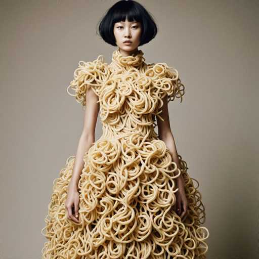 A striking image features a young Asian woman with a short, black bob haircut, standing against a light gray background. She gazes directly at the camera with a serious expression, her arms hanging naturally at her sides. Her attire is an avant-garde dress made entirely of light yellow, uncooked spaghetti noodles, intricately arranged to cover her entire body. The dress is form-fitting around her shoulders and waist, then flares out dramatically from the hips, creating a voluminous skirt that extends to the floor. The spaghetti strands are meticulously positioned to form a high collar around her neck, adding to the unique and surreal nature of the ensemble. The overall effect is a captivating blend of fashion and food art, with the woman's poised demeanor enhancing the dramatic visual impact of the dress.