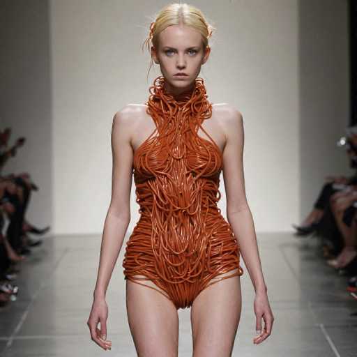 In this captivating image, a model is confidently striding down a runway, her striking appearance immediately drawing attention. She has blonde hair, styled with a middle part and a few strands playfully framing her face. Her piercing blue eyes and thin eyebrows add to her captivating presence. The model is dressed in a unique, eye-catching outfit that appears to be crafted from brown, spaghetti-like material, intricately wrapped around her body. The dress is form-fitting, accentuating her slender figure, and features a high neckline that extends up to her neck, with the spaghetti straps artistically draping down her chest. The dress is sleeveless, and the material continues to wrap around her hips, creating a cohesive and stylish look. The model's arms are relaxed at her sides, and her legs are visible, adding to the overall elegance of her pose. The runway beneath her is a sleek gray, and on either side, blurred figures of spectators can be seen, their attention fixed on the model's mesmerizing walk.