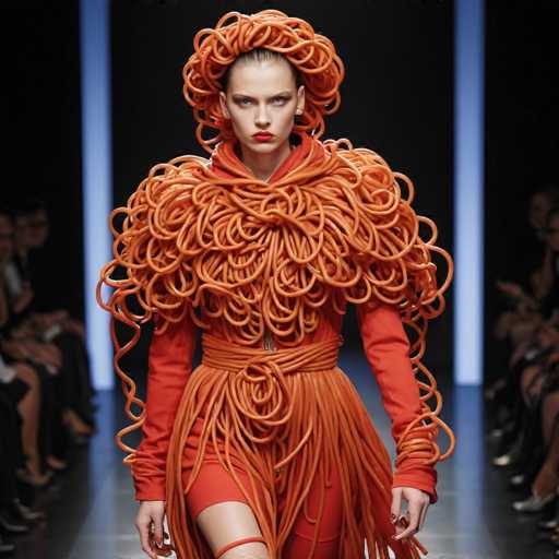 The image captures a striking scene from a fashion show runway. A model, with slicked-back hair and a stern expression, struts confidently down the runway. She is adorned in a vibrant orange ensemble that commands attention. The outfit features a long-sleeved top with a high collar, paired with a matching orange skirt that has a high slit, revealing her leg. The most eye-catching element of her attire is the abundance of orange, string-like material that drapes from her neck down to her waist, resembling a combination of spaghetti and shoelaces. This stringy fabric also forms a belt around her waist and extends from her shoulders, creating a dramatic, almost sculptural effect. The model's makeup is bold, with bright red lipstick and dark eyeshadow, enhancing her fierce look. The runway is flanked by spectators, their legs visible on either side, adding to the dynamic atmosphere of the scene.