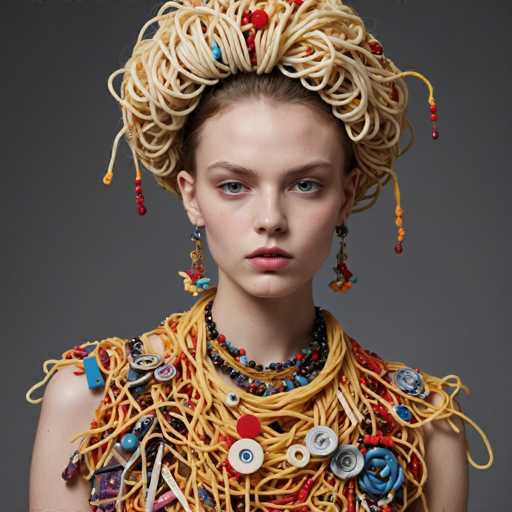 The image features a young woman, likely in her late teens or early twenties, with fair skin and striking blue eyes. She has a very serious expression on her face, with her lips slightly parted, revealing a hint of her teeth. Her brown hair is pulled back, and she wears long, dangling earrings that resemble colorful beaded necklaces. The most captivating aspect of the image is her elaborate outfit, which is entirely composed of spaghetti noodles. These noodles are intricately styled to form a headdress that cascades down her shoulders and chest, creating a visually stunning effect. The spaghetti is interspersed with various buttons, adding to the unique and whimsical nature of her attire. The background is a plain gray, which contrasts sharply with the vibrant and detailed elements of her outfit, making her the focal point of the image.