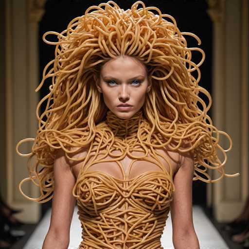 In this striking image, a model stands confidently on a runway, her entire body adorned with an intricate ensemble made entirely of spaghetti. The spaghetti strands are meticulously arranged to form a bra that cups her breasts, a corset that cinches her waist, and a high collar that wraps around her neck. The model's arms are bare, adding to the dramatic contrast between her skin and the pasta. Her hair is styled into a voluminous, wild nest of spaghetti, cascading down to her shoulders and creating a chaotic yet captivating look. She gazes directly at the camera with a serious expression, her blue eyes and brown eyebrows adding to the intensity of her stare. The background is a stark black, with white pillars framing the scene, and a white runway beneath her feet. The overall effect is both surreal and captivating, blending the mundane with the extraordinary in a visually arresting display.