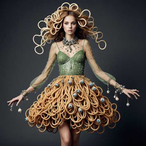 The image features a young woman, likely in her early 20s, with long, reddish-brown hair that appears to be styled into a voluminous, curly ponytail. She is dressed in an elaborate, avant-garde outfit that combines elements of a corset and a dress. The top part of her outfit is a green, sparkly corset with thin straps and sheer sleeves adorned with small, silver beads. Her skirt is made of tan-colored, curly material that resembles spaghetti or noodles, interspersed with silver beads that add a touch of sparkle. She accessorizes with a large, chunky necklace featuring a mix of silver and blue beads, and her wrists are adorned with bracelets that have dangling elements. The woman stands against a dark gray background, looking directly at the camera with a neutral expression, her arms outstretched to her sides.