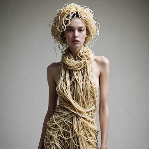The image features a young woman, likely in her early 20s, standing against a gray background. She has very pale skin and dark eyes, with her hair completely obscured by a mass of yellowish-white spaghetti that is wrapped around her head, neck, and torso. The spaghetti forms a thick collar around her neck and continues down her body, covering her arms and chest, resembling a dress. Her bare shoulders and arms are visible, and she has a neutral expression on her face. The overall effect is a striking and surreal portrayal of a woman seemingly made of spaghetti.