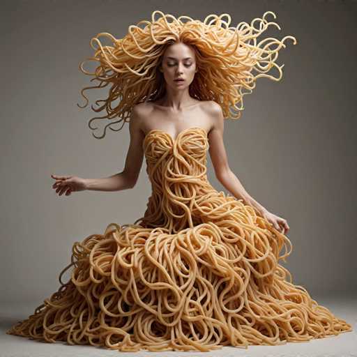 In this striking image, a woman is seated gracefully on a white floor, set against a gray background. She is adorned in an elaborate dress made entirely of spaghetti noodles, which cascade from her shoulders down to the floor, creating a dramatic and whimsical effect. Her hair, also composed of spaghetti noodles, flows around her head in a wild, windblown manner, adding to the surreal atmosphere of the scene. The woman's eyes are closed, and her mouth is slightly open, giving her a serene and almost dreamlike expression. Her arms are extended to her sides, with her right hand slightly raised, as if she is gently petting the spaghetti noodles that form her dress. The overall composition of the image is both captivating and surreal, blending elements of fashion and fantasy in a visually stunning way.