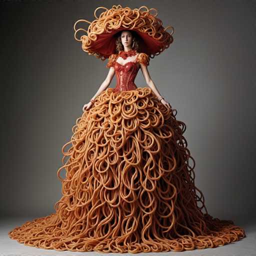 A striking image features a woman adorned in an elaborate dress that appears to be made entirely of spaghetti. The dress, a vibrant red, fits snugly around her torso, accentuating her figure. It flares out dramatically from the waist, creating a voluminous skirt that cascades to the floor, with strands of spaghetti trailing off to the sides. The woman's arms are extended outwards, and she wears a large, ornate hat that resembles a wide-brimmed hat, also crafted from spaghetti. The hat's design is reminiscent of a mushroom cap, adding an whimsical touch to her ensemble. She accessorizes with a red necklace and bracelets on both wrists, completing the unique and eye-catching look.