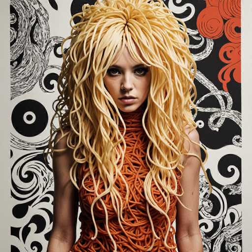 The image features a woman with an extraordinary appearance. Her hair is composed of long, blonde noodles that cascade down to her waist, creating a striking visual effect. She is dressed in a sleeveless top that mirrors this unique look, made entirely of orange noodles. The woman has a fair complexion and is adorned with a nose ring. Her eyes are accentuated with dark eyeliner, and her lips are painted a bold red. The background is a stark black and white, filled with intricate, swirling patterns that resemble vines or tentacles. On the right side of the image, there are additional red elements that add a splash of color to the monochromatic backdrop. The overall composition is both surreal and captivating, blending the woman's noodle-like features with the intricate, abstract background.