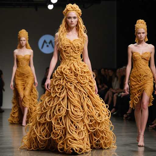 The image captures a vibrant fashion show scene featuring three models strutting down a gray runway. The models are adorned in striking, spaghetti-like dresses that resemble a blend of pasta and yarn, with a light yellowish-orange hue. The central model commands attention with her dramatic, voluminous dress that cascades to the floor, complemented by a matching headpiece that looks like a nest of noodles. Flanking her are two other models, each wearing similar spaghetti-draped outfits but with varying designs. The model on the left sports a dress that extends to her knees, while the model on the right dons a shorter, more revealing dress that ends mid-thigh. All three models have their hair styled in buns, adding to the cohesive and whimsical theme of the show. In the background, a blue circle with a white "M" is visible, likely indicating the logo of the fashion brand. The scene is set against a backdrop of seated audience members, adding to the lively and engaging atmosphere of the event.