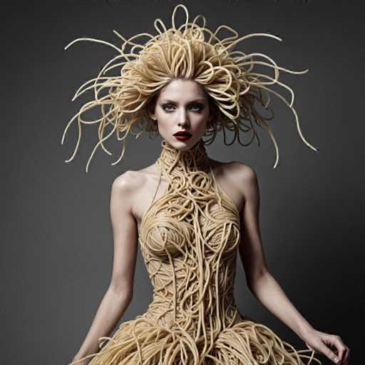 In this striking image, a woman stands against a dark gray background, her entire body adorned with tan-colored spaghetti noodles. Her hair is styled in an elaborate, voluminous nest of these noodles, creating a dramatic and eye-catching effect. The noodles cascade down her chest, forming a unique dress that leaves her shoulders and arms bare. Around her neck, the noodles are arranged to resemble a choker, adding to the avant-garde nature of her outfit. Her makeup is bold, with dark red lipstick and heavy eye makeup, enhancing her intense gaze directed straight at the camera. Her arms are slightly bent at the elbows, with her hands resting gently on her hips, completing the poised and enigmatic pose.