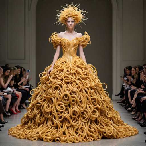 In this captivating image, a model struts down a runway adorned in a strikingly unconventional dress made entirely of spaghetti. The spaghetti, meticulously arranged, cascades from her shoulders down to the floor, creating a dramatic and eye-catching silhouette. The model's hair is styled in an intricate updo, with strands of spaghetti artfully woven into her locks, adding to the whimsical and avant-garde aesthetic of the ensemble. The dress features a fitted bodice that accentuates her figure, while the voluminous skirt fans out around her, reminiscent of a grand ball gown. The model's expression is one of stoic determination, contrasting with the playful nature of her attire. In the background, spectators seated on both sides of the runway are engrossed in capturing the moment with their phones, their faces illuminated by the bright lights of the fashion show. The overall scene is a fascinating blend of high fashion and surreal artistry, leaving viewers in awe of the innovative design.