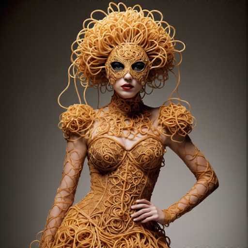 The image depicts a strikingly surreal scene of a woman adorned in an elaborate, spaghetti-inspired outfit. Her entire ensemble is meticulously crafted from golden-yellow strands of pasta, creating a visually captivating effect. The woman's face is partially obscured by a mask that covers her eyes and nose, adding an air of mystery. Her lips are painted a vivid red, providing a stark contrast to the pasta that forms the rest of her attire.

Her hair is styled in an intricate updo, with the pasta strands arranged to resemble a voluminous, curly afro. The dress she wears features puffy sleeves and a corset-like bodice, all fashioned from the same pasta material. The skirt of the dress is particularly eye-catching, with the pasta strands cascading down in a manner reminiscent of a wedding dress.

The woman's pose is confident and poised, with one hand resting on her hip. Her skin is fair, and the pasta strands are carefully styled to accentuate her figure. The background of the image is a gradient of gray, darker at the top and lighter at the bottom, which helps to highlight the woman's pasta-gold outfit. The overall effect is a mesmerizing blend of culinary art and high fashion, creating a unique and memorable visual experience.