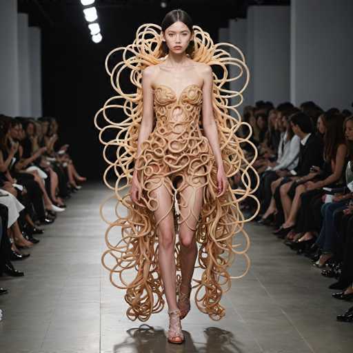 A striking image captures a model striding confidently down a runway at a fashion show. The model, with her dark hair pulled back into a sleek ponytail, exudes an air of poise and elegance. She is adorned in a unique, avant-garde dress that appears to be crafted from a material resembling light brown, tan-colored spaghetti noodles. The intricate design of the dress features a strapless top that cups her breasts, and it extends down to cover her hips, leaving her thighs and legs bare. The dress is further embellished with numerous noodles that cascade from her shoulders, creating a dramatic, flowing effect that trails behind her all the way to the floor. She completes her look with a pair of open-toed sandals, adding a touch of sophistication to her ensemble. The runway is flanked by an audience of onlookers, their attention fully captivated by the model's extraordinary appearance.