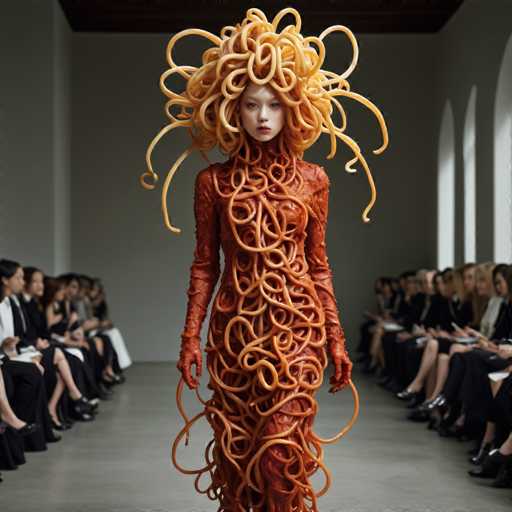In this striking image, a model is captured mid-stride on a runway, exuding an avant-garde and surreal presence. She is adorned in a form-fitting, long-sleeved dress that appears to be crafted from a material resembling meat, with a rich, reddish-brown hue. The dress is intricately detailed, featuring a high neckline that extends up to her neck, and it clings tightly to her body, accentuating her figure. The most captivating element of her ensemble is the mass of spaghetti that cascades from her head, mimicking Medusa's mythical serpents. The spaghetti strands vary in length, with some reaching down to her knees, creating a dramatic and whimsical effect. The model's expression is one of stoic determination, her eyes fixed ahead as she gazes down the runway. The audience flanks both sides of the runway, their attention riveted on her extraordinary appearance. The backdrop is a muted gray, with a hint of a white wall and a dark ceiling, which serves to further highlight the vividness of her attire. The overall scene is a mesmerizing blend of fashion and fantasy, capturing the imagination of all who witness it.