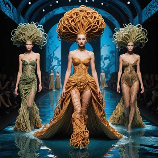The image captures a striking scene from a high-fashion runway show, featuring three models striding confidently down a wet catwalk that glistens like a mirror. The models are adorned in avant-garde, body-hugging dresses that accentuate their figures, with the central figure wearing a dress in a light brown hue and the flanking models in shades of green. Their ensembles are completed with dramatic, high-heeled boots that extend up to their knees, crafted from the same material as their dresses. The most eye-catching element of their outfits is the elaborate headpieces, resembling intricate sculptures made from twisted and braided strands of hair or possibly plastic, evoking the appearance of Medusa or a giant nest of spaghetti. These headpieces are large, elaborate, and add a surreal touch to the already bold designs. The runway is flanked by seated spectators, their attention fixed on the models as they showcase these extraordinary creations. The backdrop features a blue hue with dark, shadowy patterns, enhancing the dramatic and otherworldly atmosphere of the presentation.
