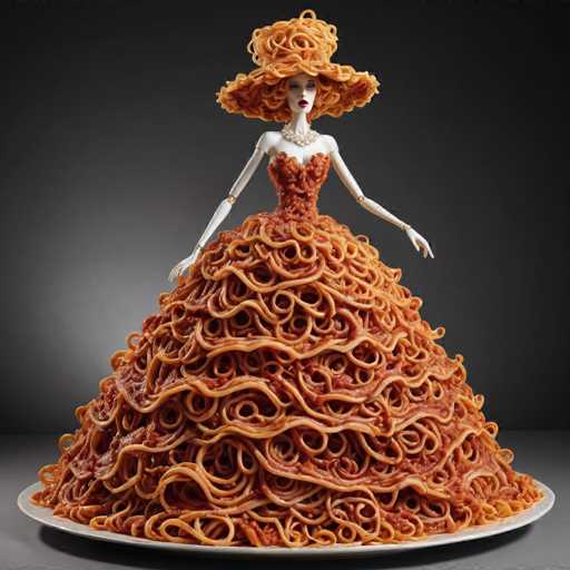 The image features a strikingly detailed scene set against a black background. At the center, a white plate rests on a gray surface, showcasing a unique and whimsical creation. The focal point is a dress crafted entirely from spaghetti noodles, meticulously arranged to form a voluminous, strapless gown. The spaghetti is generously coated in a rich red sauce, adding a vibrant contrast to the white plate.

The dress's design is reminiscent of a wedding gown, with its broad, flowing skirt that cascades elegantly from the waist. The bodice is form-fitting, accentuating the mannequin's figure, and is also adorned with the same red sauce, creating a cohesive look.

Adding to the dress's charm, the mannequin sports a matching hat made from the same spaghetti noodles. The hat is large and round, with a wide brim that encircles the mannequin's head, completing the whimsical ensemble. The overall effect is a playful and imaginative presentation that blends culinary elements with high fashion.
