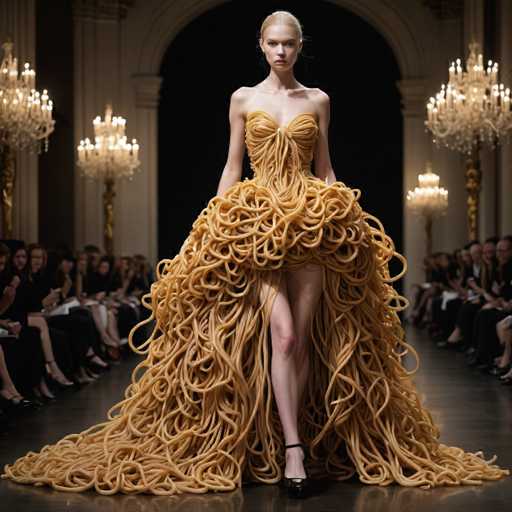 A striking image captures a model strutting down a runway, adorned in an avant-garde dress that resembles a cascade of spaghetti. The dress, a light brown hue, envelops her from the bust down to her ankles, creating a dramatic and eye-catching silhouette. The model's legs are partially exposed, adding an element of allure to the ensemble. She is wearing black high heels, which complement the dress's unique design. Her blonde hair is slicked back, and she gazes directly at the camera with a composed expression. The runway is flanked by spectators on both sides, their attention fixed on the model. In the background, a grand archway frames the scene, adorned with chandeliers on either side, adding an air of elegance and sophistication to the overall setting.