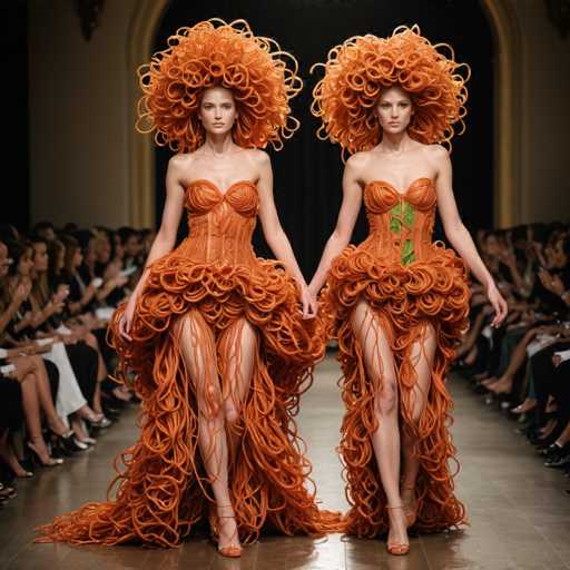 In this captivating image, two models are strutting down a runway, each adorned in striking orange dresses. The model on the left showcases a dress with a unique design, featuring a strapless top and a voluminous skirt that cascades down to the floor, resembling a cascade of orange noodles. Her dress is complemented by an elaborate headdress made of the same orange material, creating a dramatic and cohesive look. The model on the right mirrors this style with a slightly different dress, which includes a green leaf accent on the bodice. Her dress also features a strapless design and a similar voluminous skirt, but with a more subdued headdress made of the same orange material. Both models exude confidence and elegance as they walk down the runway, their outfits a vibrant and eye-catching display of fashion.
