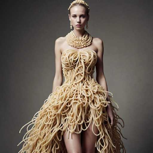 In this captivating image, a woman stands confidently against a dark gray background, her presence commanding attention. She is adorned in an avant-garde dress that appears to be crafted from spaghetti noodles, creating a striking visual contrast. The dress features a strapless design that elegantly wraps around her chest and waist, accentuating her figure. The skirt of the dress is particularly eye-catching, with the spaghetti noodles cascading down to her knees, revealing her legs beneath. Her arms hang naturally by her sides, adding to the poised and serene aura she exudes. She accessorizes with a series of large, round pearl necklaces that drape gracefully around her neck, complementing her long, dangling earrings. Her hair is styled in a sleek bun, adorned with a delicate headpiece made of pearls, adding a touch of classic elegance to her unconventional ensemble.
