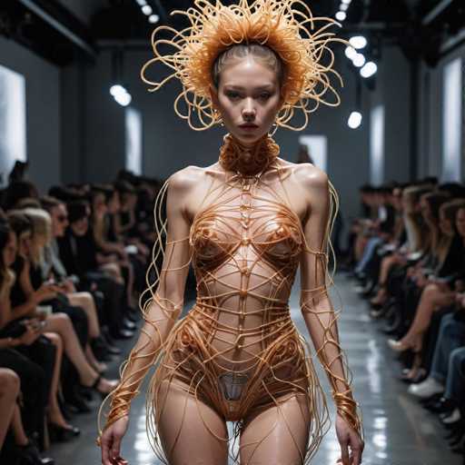 In this captivating image from a high-fashion runway show, a striking model commands attention as she struts down the aisle. She is adorned in a unique and avant-garde ensemble that features a sheer, see-through material intricately wrapped around her body, creating a mesmerizing pattern. The outfit is accentuated with a golden hue, adding a touch of opulence to the look. Her hair is styled in an elaborate updo, with long, flowing strands that resemble golden spaghetti cascading down her back, adding a whimsical and artistic flair to her appearance. The audience, seated on both sides of the aisle, watches in rapt attention, captivated by the model's bold and imaginative attire.