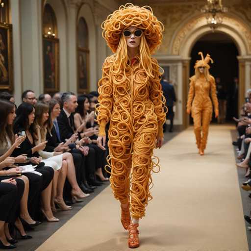 In this captivating image, a model struts down a beige runway, adorned in an avant-garde outfit that commands attention. The ensemble features a striking orange hue, composed of numerous curly, spiral-shaped elements that resemble tightly wound spaghetti. These spirals envelop her entire body, creating a mesmerizing visual effect. The outfit includes a matching hat, also crafted from the same spaghetti-like material, adding to the whimsical yet sophisticated look. The model's footwear consists of open-toed sandals, revealing her toes, and she completes her look with stylish sunglasses. The audience, seated on both sides of the runway, watches in awe as she walks. In the background, a man dressed in a suit stands, adding a touch of formality to the scene. The backdrop is a beige wall adorned with a large archway, through which people can be seen entering and exiting, adding depth and context to the setting.
