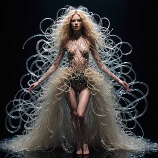 The image features a strikingly beautiful woman with long, wavy blonde hair cascading down to her waist. She is dressed in an avant-garde outfit that combines elements of a bikini and a dress, with a unique, see-through material that appears to be made of plastic or rubber. This material is intricately woven around her body, creating a fishnet-like effect that covers her torso and extends into a voluminous skirt. The dress is adorned with clear, tube-like structures that resemble garden hoses, which swirl and curl around her, adding a dynamic and whimsical element to her ensemble. The woman stands barefoot on a reflective black surface, which mirrors her image and the swirling tubes, enhancing the surreal and artistic quality of the scene. The background is a stark black, further emphasizing the ethereal and otherworldly appearance of the model and her extraordinary attire.