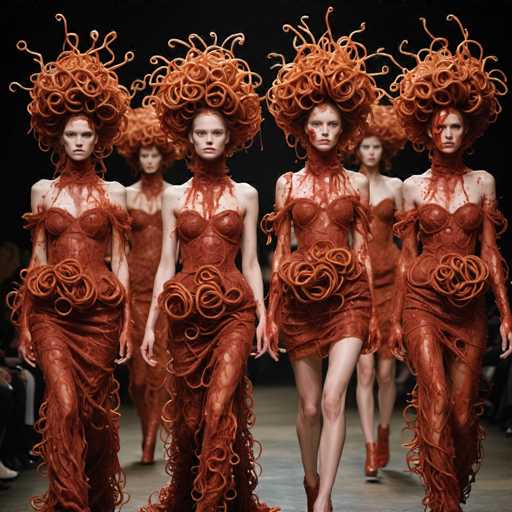 The image depicts a surreal scene reminiscent of a fashion show, featuring six women on a runway. The models are adorned in striking, red dresses that appear to be crafted from a material resembling blood or clay, with intricate swirls and lines adding to the eerie aesthetic. Their hair is styled into wild, red curls that evoke the image of Medusa, with some strands appearing to float upwards. The women's faces are marked with red paint, enhancing the blood-like theme. The runway itself is a muted gray, contrasting sharply with the vivid red of the models' attire. In the background, a black backdrop further accentuates the dramatic and unsettling nature of the scene. The overall effect is both captivating and disturbing, blending elements of high fashion with mythological horror.