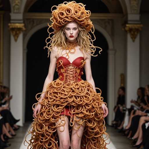 The image shows a model wearing an elaborate spaghetti-like dress with orange and red hues. The dress is designed to resemble noodles, with the skirt made of spaghetti strands that flow down to the floor. The model stands confidently on a runway, facing the camera directly. In the background, there are other models and people present in the scene.