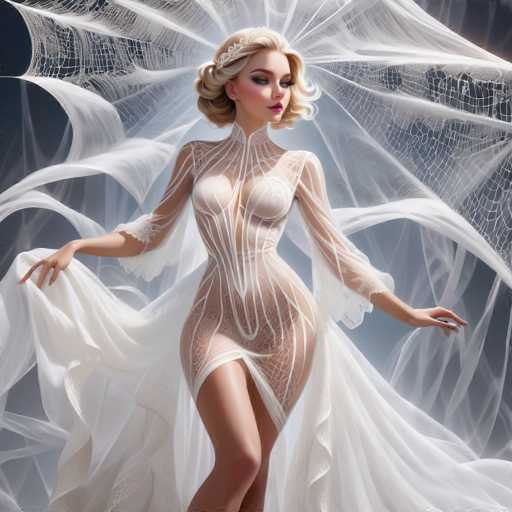 The image depicts a highly detailed, computer-generated illustration of a blonde woman with short, curly hair styled in a bob. She is adorned with a tiara or crown and is wearing a sheer, white dress that accentuates her figure, featuring a high slit on the left side. The dress is intricately designed with web-like patterns and has long sleeves that extend to her elbows, with additional fabric flowing from her shoulders. The woman is posed with her arms outstretched, holding onto the fabric, and her head is tilted to the right, gazing downward. The background is a dark gray, almost black, with a large, ethereal spider web spanning the entire image, creating a dramatic contrast against the white elements. The overall composition gives the impression of a fantastical, otherworldly scene, possibly reminiscent of a Halloween or fantasy-themed setting.