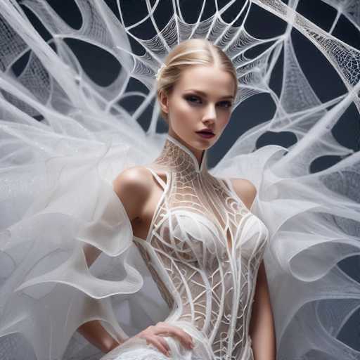 A woman is standing against a black background with her arms crossed and hands on her hips. She is wearing a white dress that features intricate lace detailing and a spider web pattern. The dress has a high neckline and corset-like details, giving it an elegant and sophisticated appearance.