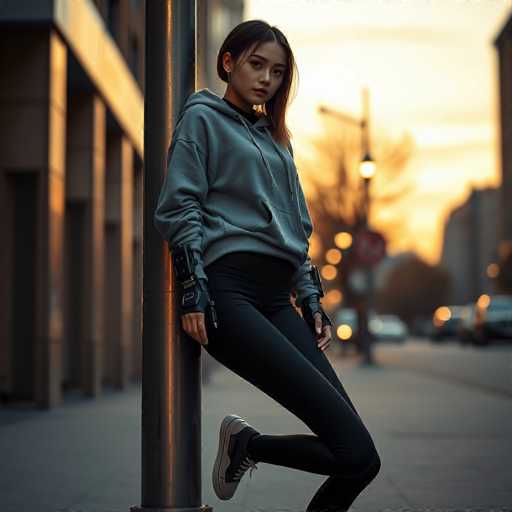 A young Asian woman stands confidently against a large, round metal pole on a bustling city street. She is dressed in a stylish gray hoodie with long sleeves, paired with black leggings and black and white sneakers. Her long brown hair cascades down her back, and she wears a black wristband on her right wrist. The background is a blur of urban life, with indistinct buildings, streetlights, and cars. The sky above is a mix of blue and white clouds, adding a touch of serenity to the scene.