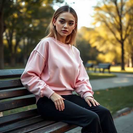 A young woman is seated on a wooden bench in a park, her body facing the camera but her head turned to the right. She has long, dirty blonde hair and is wearing a pink sweatshirt with black pants. Her hands rest on her legs, and she sports large hoop earrings. The park setting features a concrete walkway, a grassy area, and several other benches in the background. The trees around her are adorned with yellow leaves, suggesting it is autumn. The sky is clear, and the overall scene is bathed in natural light, highlighting the vibrant colors of the park.