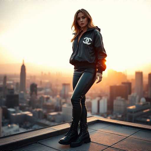 A young woman stands confidently on a rooftop, gazing directly at the camera. She has long, wavy brown hair that cascades down to her chest, framing her face. Her outfit is striking: a black leather jacket adorned with the iconic Chanel logo, which features two interlocking C's, one facing forward and the other backward. The jacket is unzipped, revealing a hint of her chest. She pairs the jacket with tight black leather pants and black combat boots that lace up to her knees, adding a touch of edgy style. The rooftop beneath her feet is made of black tiles, contrasting with the blurred cityscape in the background. The city's skyline is a mix of tall buildings, some with pointed tops, others with flat roofs, all bathed in the warm, golden light of the setting sun. The sky is a soft gradient of light blue and yellow, enhancing the serene yet urban atmosphere of the scene.