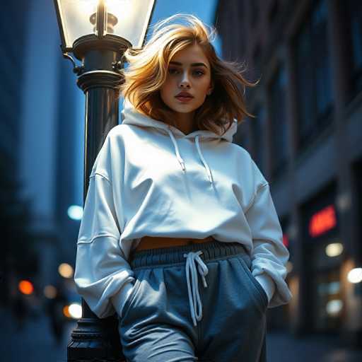 A young woman stands confidently in front of a black street lamp, her left hand casually tucked into her pocket. She is dressed in a white hoodie with the hood down, revealing her midriff, and gray sweatpants. Her dirty blonde hair cascades around her face, which is adorned with pink lipstick and a touch of makeup. She gazes directly at the camera, exuding a sense of self-assurance. The background is blurred, with indistinct lights and shapes, suggesting a bustling urban environment. The street lamp behind her is illuminated, casting a warm glow that highlights her figure against the darker surroundings.