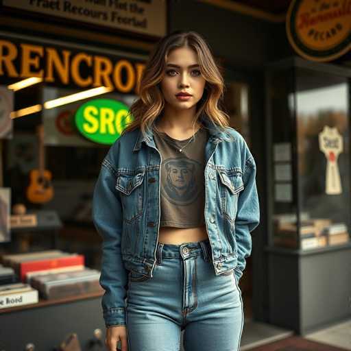 A young woman stands confidently in front of a record store, her presence capturing the essence of youthful style. She is dressed in a cropped brown t-shirt that reveals her midriff, paired with a blue denim jacket and matching blue denim pants. Her long, wavy hair cascades down, framing her face, which is adorned with striking red lipstick. The woman's hands are casually tucked into her pockets, and she gazes directly at the camera with a composed expression. Behind her, the record store's interior is visible, featuring a display of vinyl records stacked on a table. A guitar hangs on the wall, adding to the store's musical ambiance. The store's signage includes a partially visible neon sign with yellow letters on a green background, and another sign with red letters on a yellow background. The overall scene exudes a vibrant, music-filled atmosphere, perfectly complementing the woman's fashionable attire.